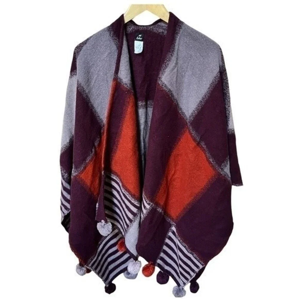 Echo  Plaid and Stripe Pom-Pom Scarf Poncho Wrap One Size